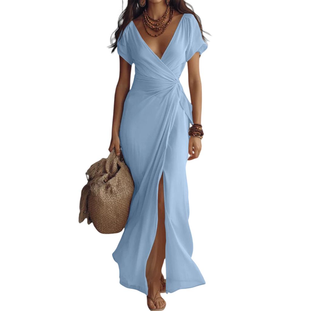Womens Solid Color V Neck Waist Cinched Split Long Chiffon Dress Elegant Design Lightweight Fabric Comfortable Fit
