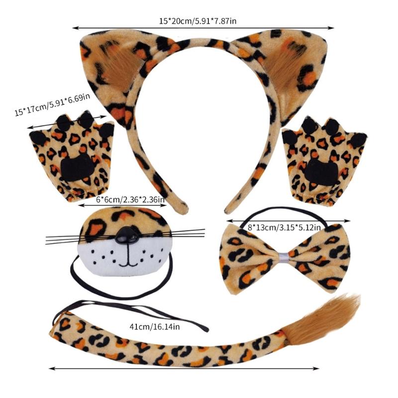 Leoparden Kostüm Set Leoparden Ohren Schwanz Schleifen Nase Handschuhe Tier Kostüm Set Zubehör Kinder Halloween Cosplay Requisiten