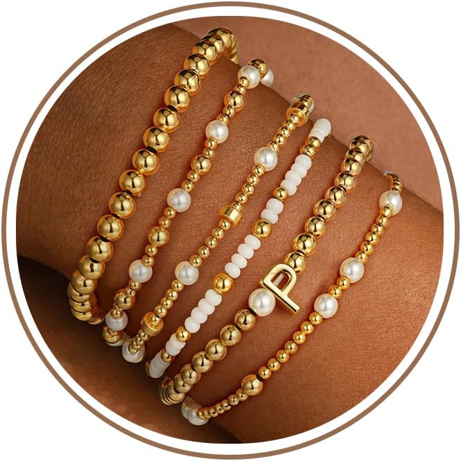 Turandoss 18K Gold Plated Beaded Stretch Initial Bracelet for Women Gifts