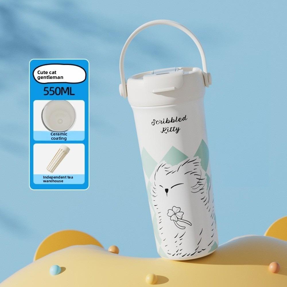 

550 мл Вакуумный тамблер Мультяшный кот Щенок Керамическая внутренняя колба Изолированная чашка Большой вместимости Герметичная Термобутылка для воды Студент
