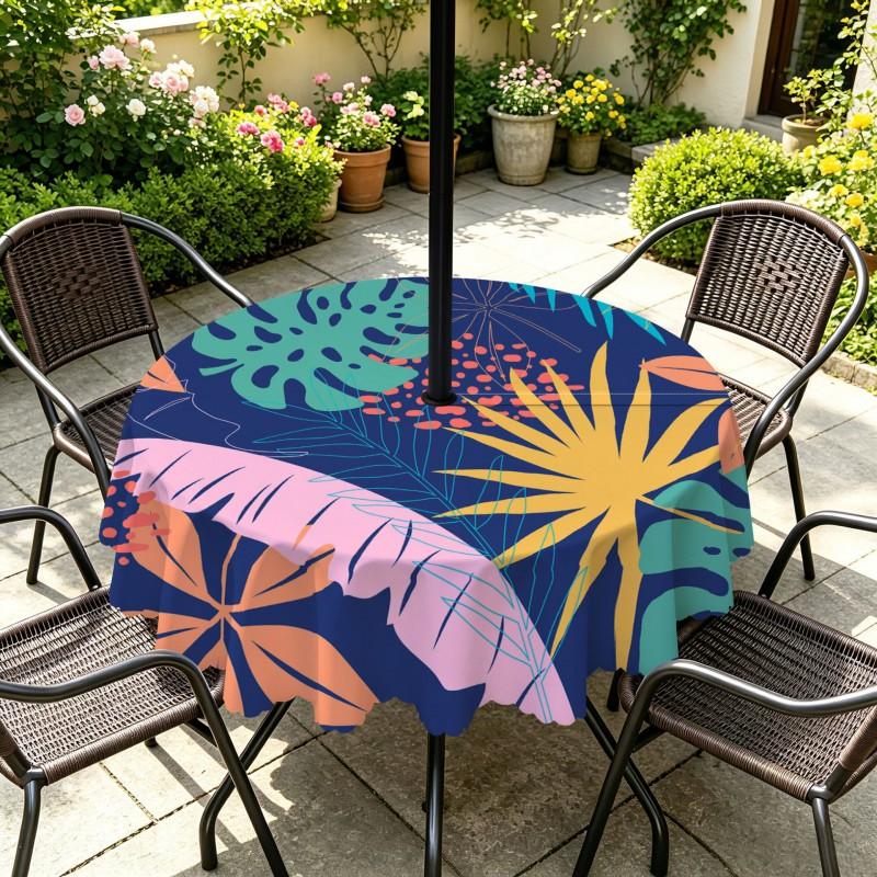 Outdoor Round Tablecloth With Umbrella Hole Waterproof Oil Resistant Floral Leaf Patio Garden Deck