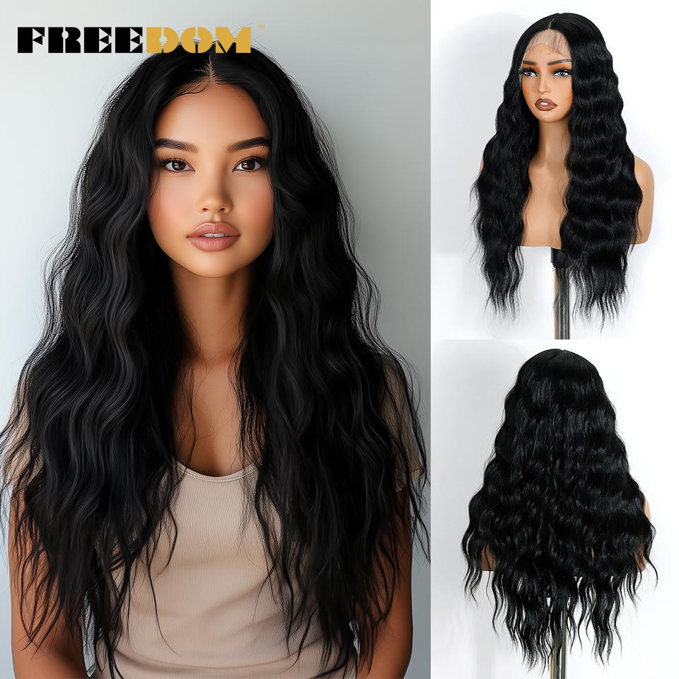 FREEDOM Body Wavy Synthetic Lace Front Wigs For Black Women 26 Inch Long Deep Wavy Ombre Brown Blonde Lace Wig White Cosplay Wig