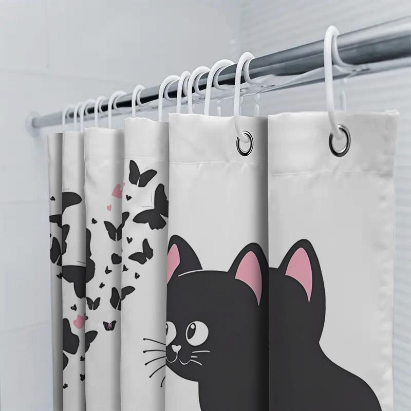 Black Cat Butterfly Shower Curtain Cute Decorative Fabric Waterproof Bath Mat Cover For Bathroom Decoration Home Accessories