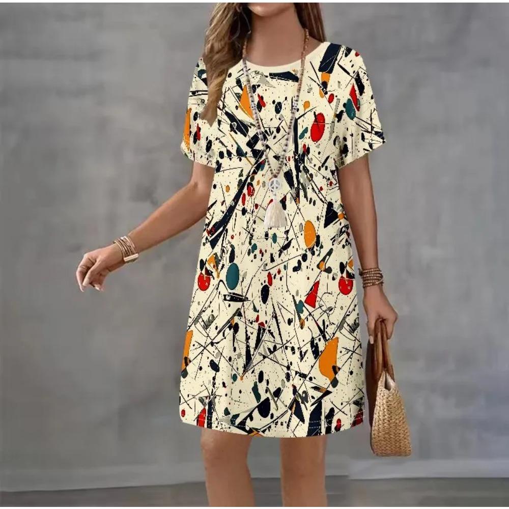 Creative Colorful Patterns 3D Printing Dresses Women Fashion Summer Loose Plus Size Comfortable Breathable Short Sleeve Dresse