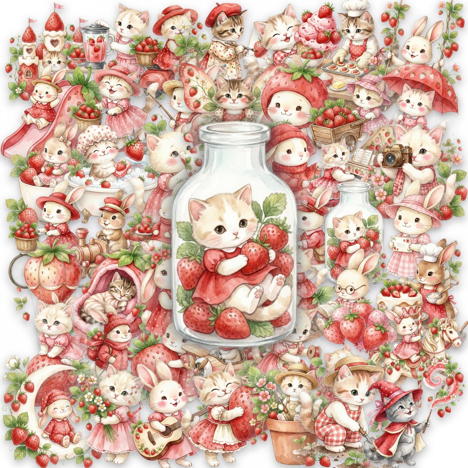 50 Strawberry Pastoral Cat Rabbit Transparent Pet Stickers Cute Cartoon Girl Heart Waterproof Decorative Stickers