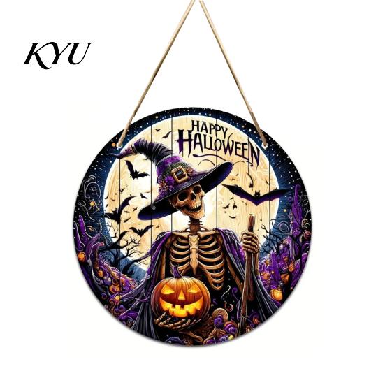 Vintage Witch And Bat Plaque Halloween Wooden Sign, Round Hanging Pendant with Lanyard, Retro Distressed Rustic Wall Decor Wood Skeleton/Pumpkin/Clown