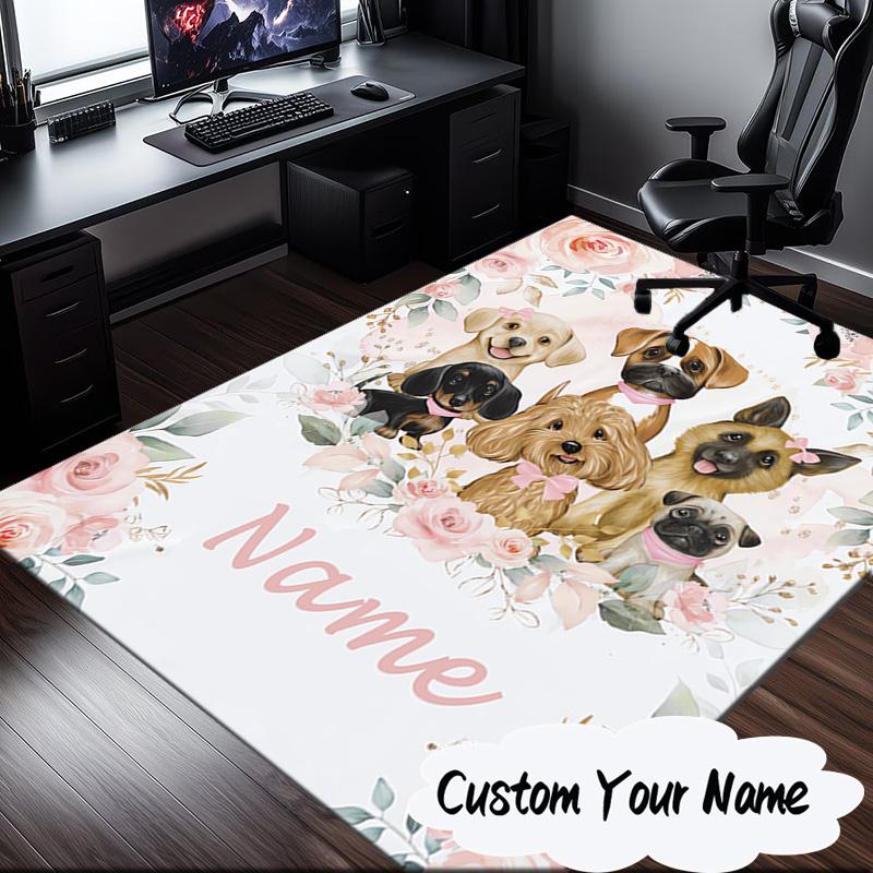 Custom Name Floral Puppies Art Carpet, Chair Rug,Area Rug for Office Bedroom Living Rooms Bedroom, Doormat Decor Christmas Fan Gifts