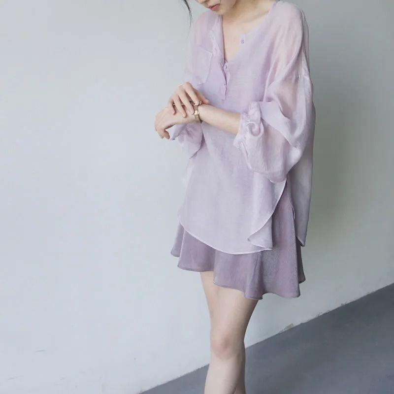 

Модные женские свободные однотонные рубашки с универсальными юбками XXL фиолетовый