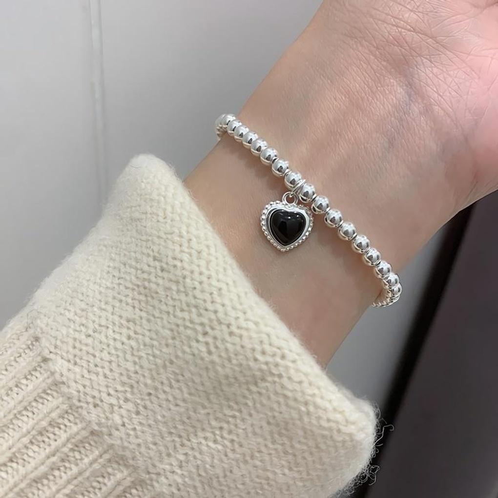 Women's Simple Ball Black Agate Heart Tassel Bracelet