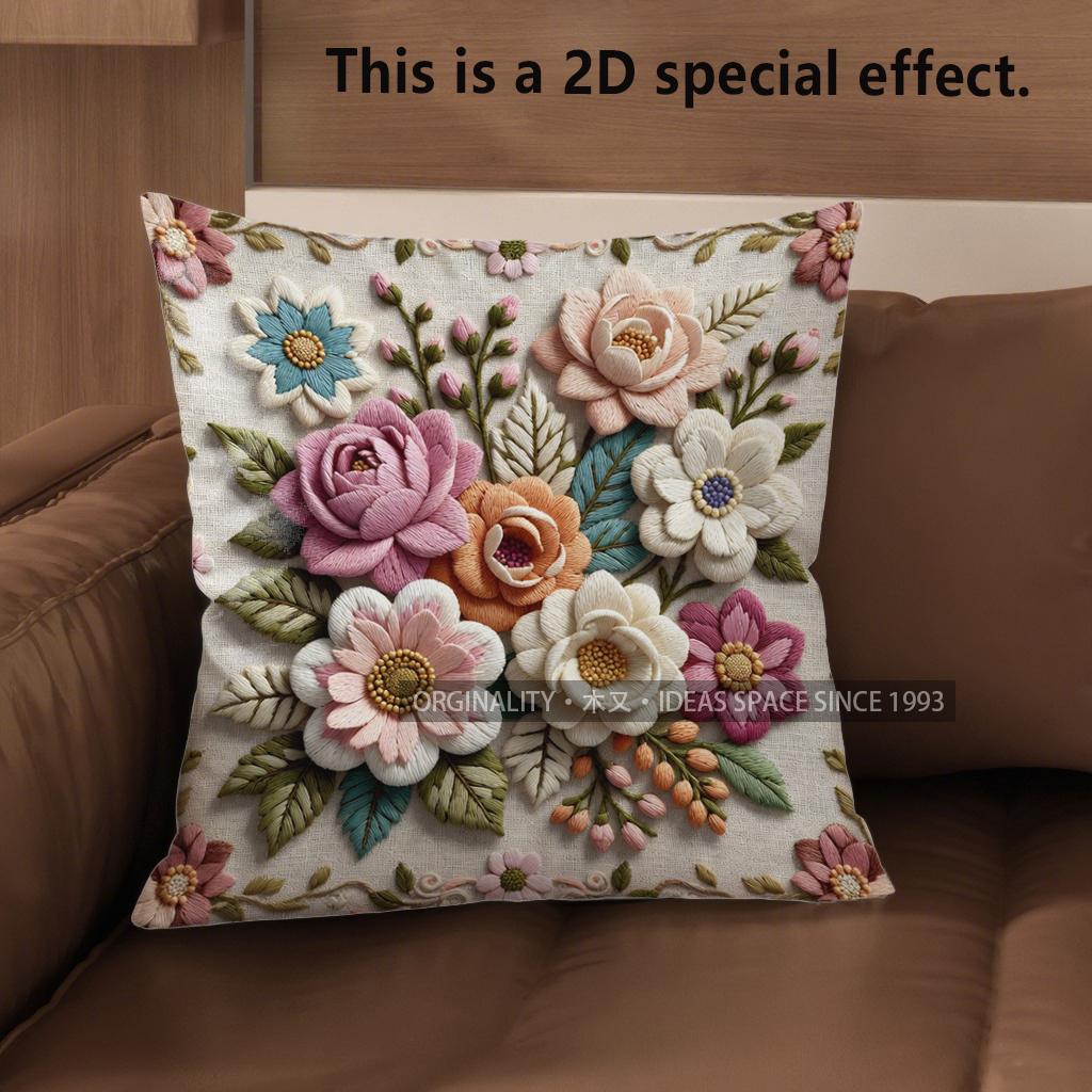 2D Vintage Embroidered Floral Throw Pillow Covers Pattern Cushion Cover Suitable For Sofa Bedroom Car Pillow Cover