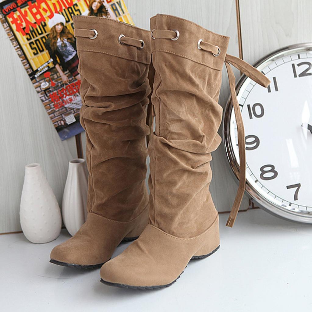 Spring and Autumn Fashion Ladies Inner Height Increase Frosted Leather Medium Boots Students Bow Wedge Heel Women's Shoes