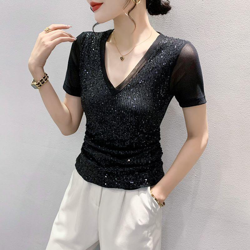 Summer New Fashion Sequin V-neck T-shirt for Women Short-sleeved Sexy Mesh Top Slim and Half-sleeved