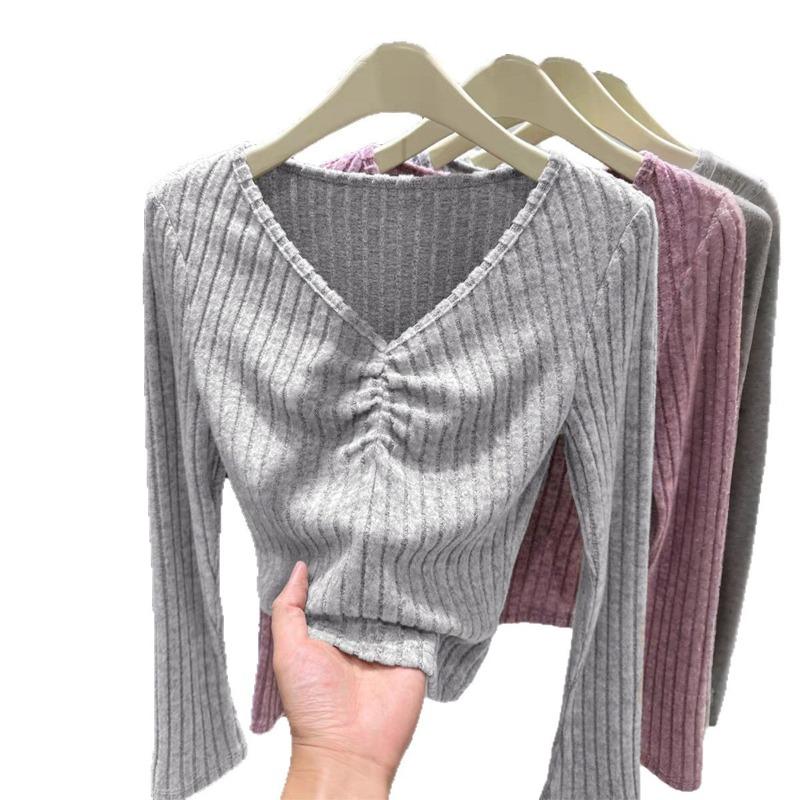 Fashionable Simple Style Long-sleeved Base Shirt T-shirt Women's 2025 Autumn and Winter V-neck Versatile Solid Color Pullover