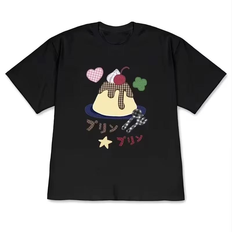 Japanese Style Printed Checkered Tshirt With Checkered Dessert Pattern Cute Style Top With Loose Cotton Short Sleeves