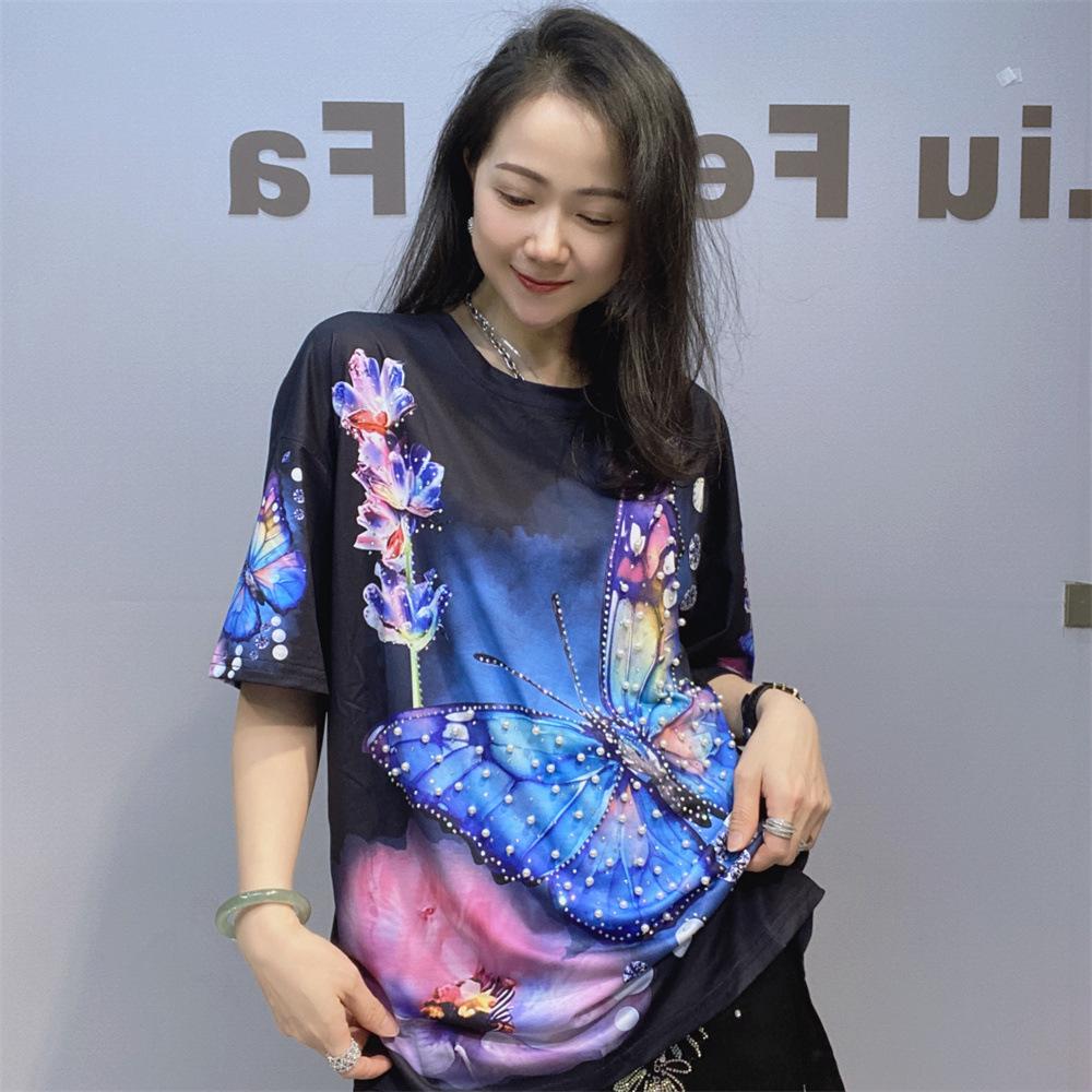 

Модные разноцветные футболки с принтом бабочек, женская летняя одежда, повседневные топы с бисером и горячими бриллиантами, женская футболка с коротким рукавом One Size чёрный