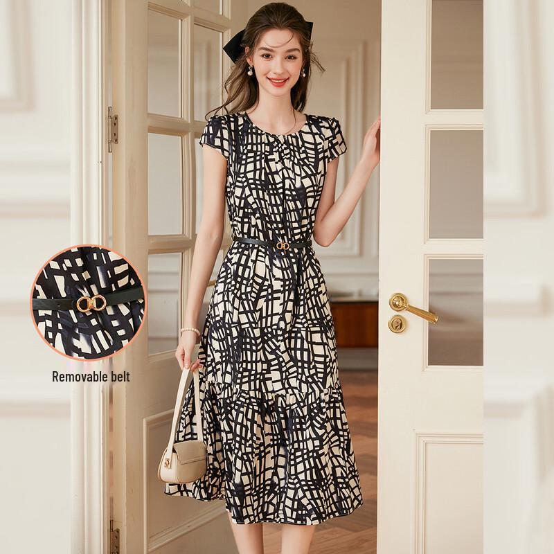 Bailuyu Elegant Short-Sleeve A-Line Midi Dress L