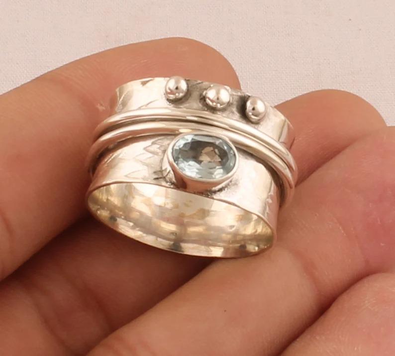 Blue Topaz Gemstone Spinner Band Ring, Statement Ring, 925 Sterling Silver Handmade Designer Ring, Wedding Gifts