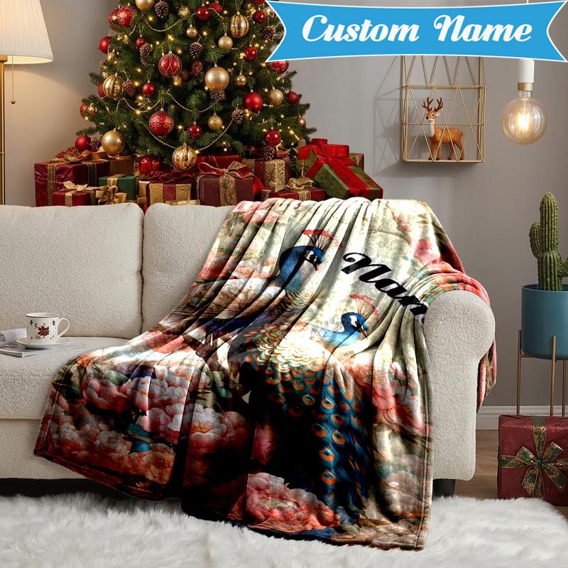 Custom Name Peacock Flowers Romance Blanket Lightweight Ideal Bedding Blanket Perfect for Travel, Camping, Living Rooms, Sofas, Christmas gift