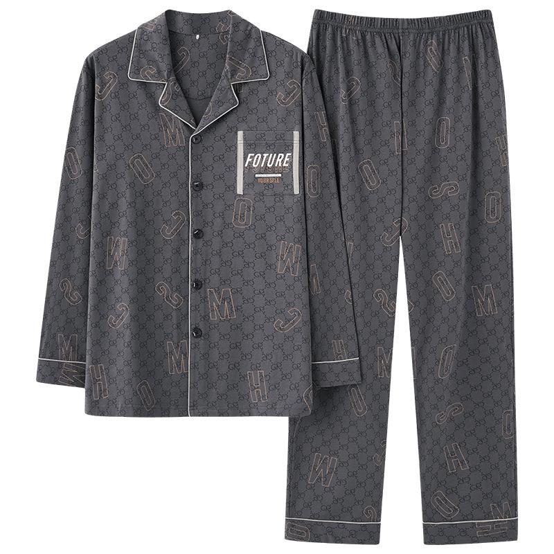 Pajamas Men'S Spring And Autumn Cotton Long Sleeve Cardigan Spring And Summer Thin Cotton Loungewear Set