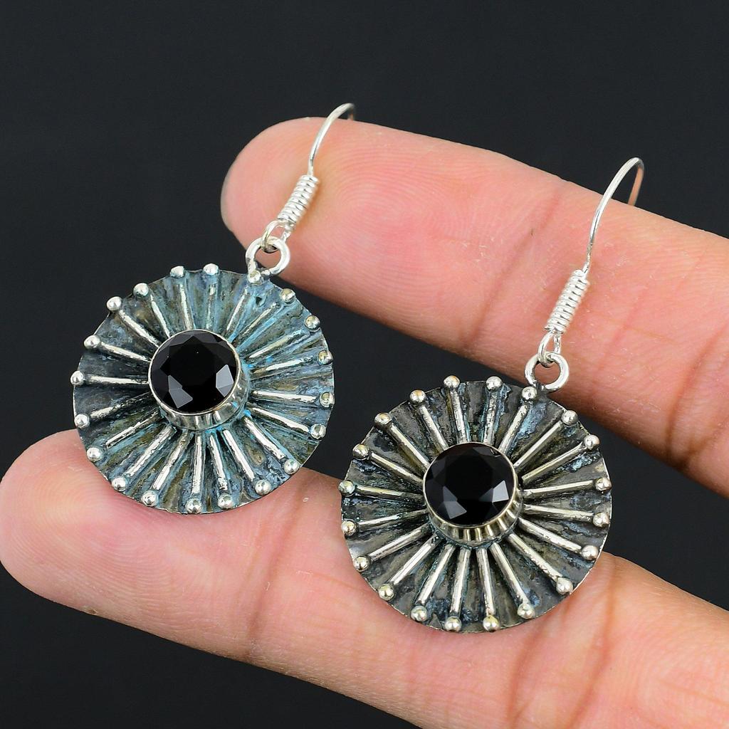 Round Natural Black Spinel Sterling Silver Birthday Drop Dangle Earrings Jewelry