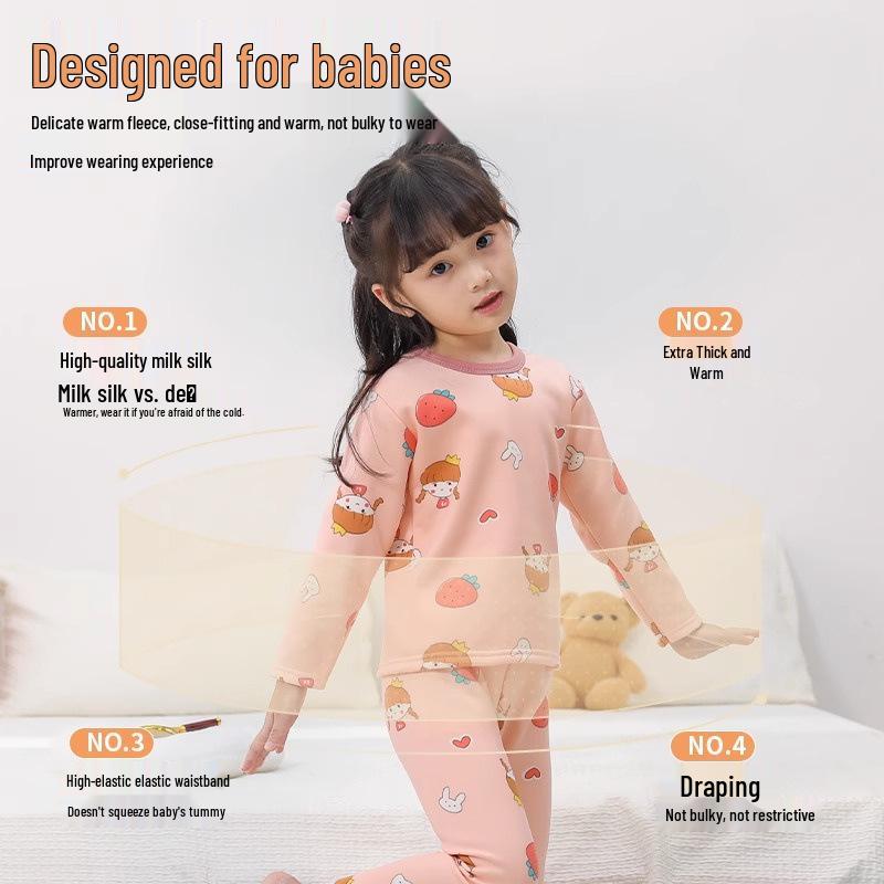 Children's Fleece-Lined Warm Pajama Set for Boys and Girls - Thick Winter Home Wear Pants and Top