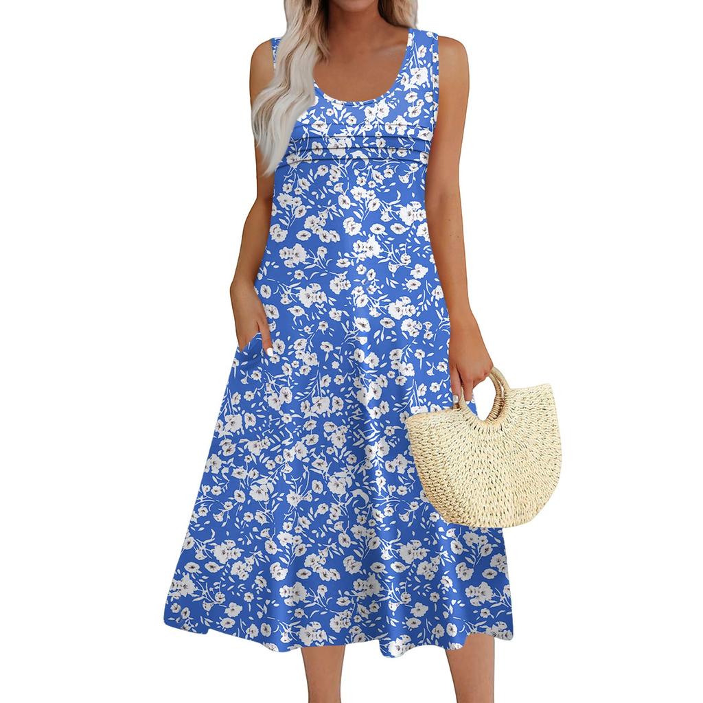 Women's Fashion Round Neck Sleeveless Pleated Beach Dress With Pockets Long Floral Dresses