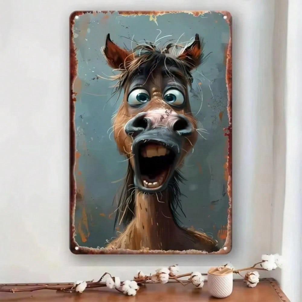 Vintage Metal Sign Funny Horse Face Wall Decor Waterproof Easy Mount Indoor Outdoor