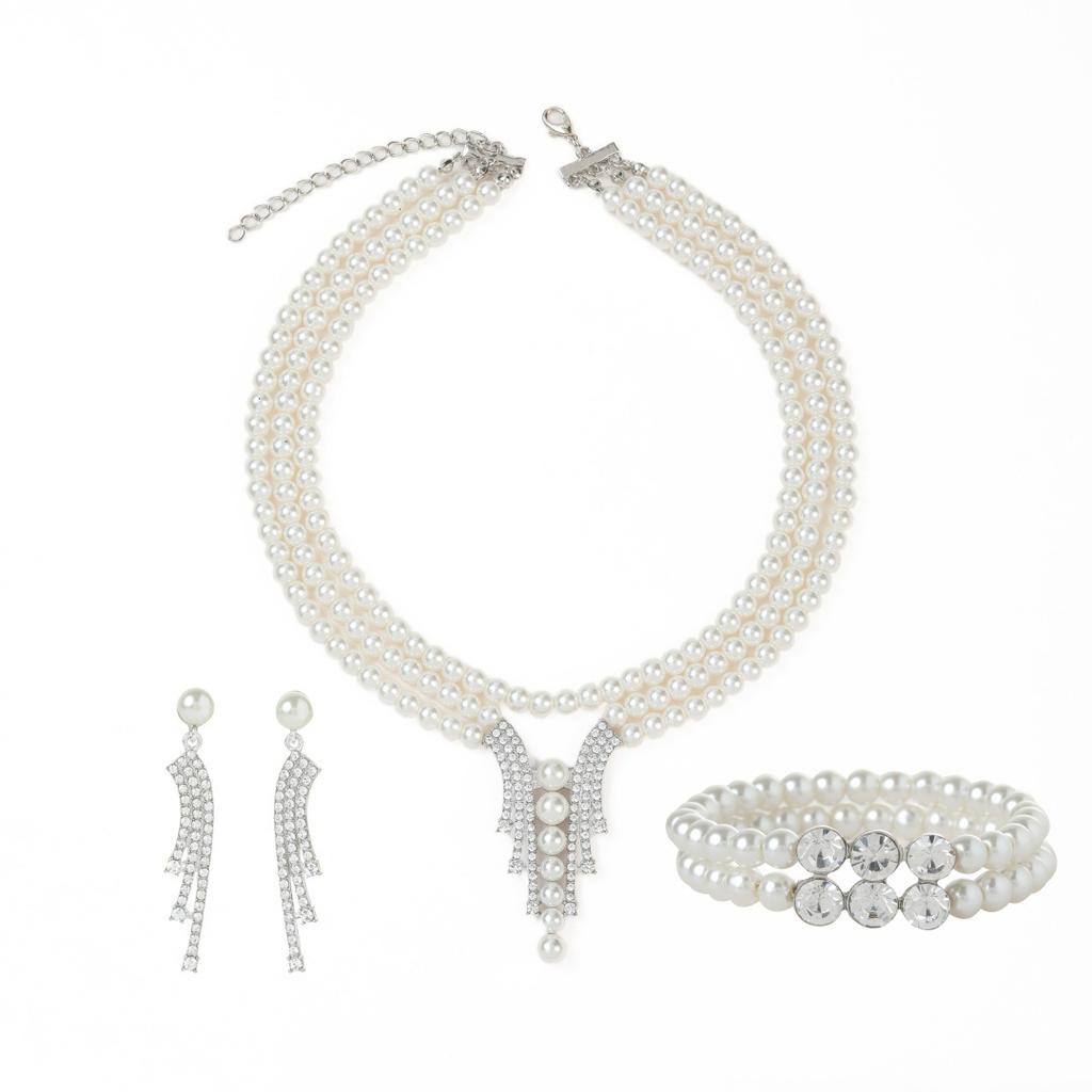 Three-layer pearl bracelet necklace, earrings, multi-layer imitation pearl necklace, dress accessories, women's high-end jewelry set