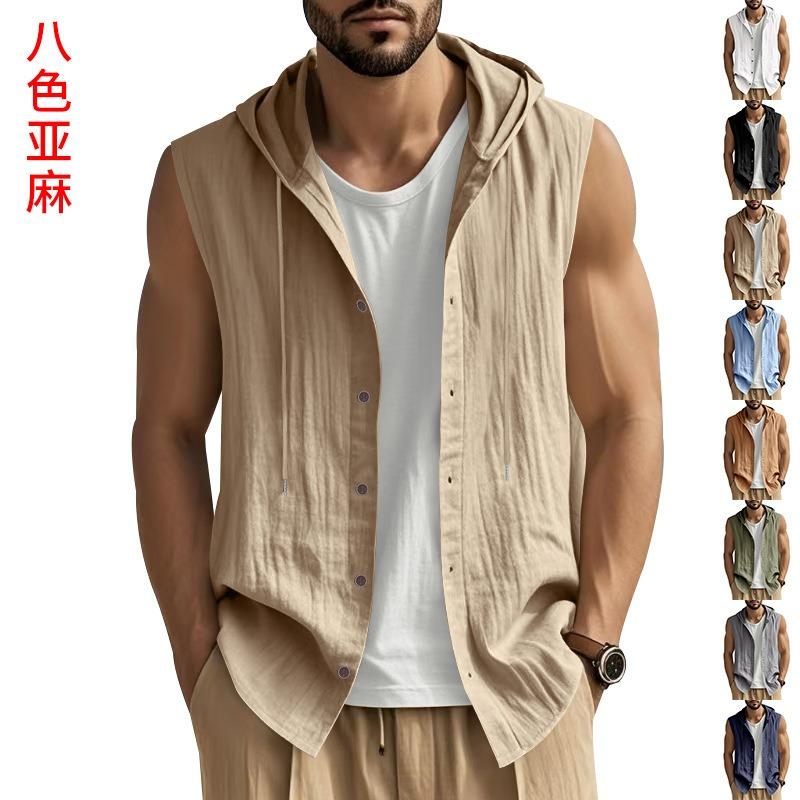 Gilet casual da uomo senza maniche con cappuccio in misto lino multicolore per l'estate