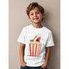 European Sizes Boys' Funny Great White Shark Eating Popcorn Graphic T-Shirt - Movie Night Theme Casual Short Sleeve Round Neck Tee with Cartoon Design