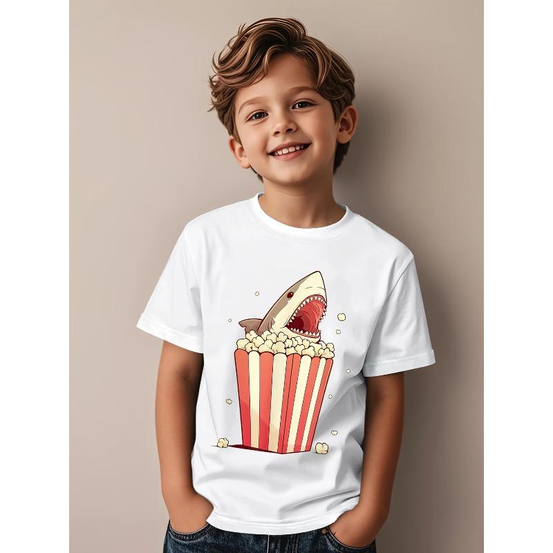 European Sizes Boys' Funny Great White Shark Eating Popcorn Graphic T-Shirt - Movie Night Theme Casual Short Sleeve Round Neck Tee with Cartoon Design