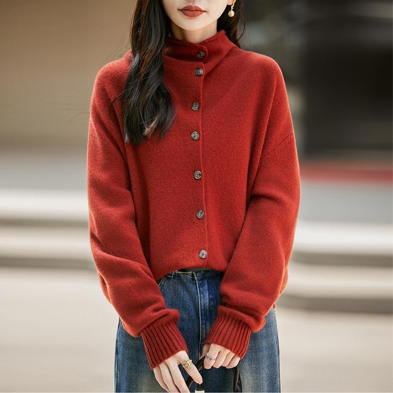 Women's 100% Wool French Stand Collar Single-Breasted Cardigan - Autumn/Winter Solid Color Knit Sweater with Rolled Hem