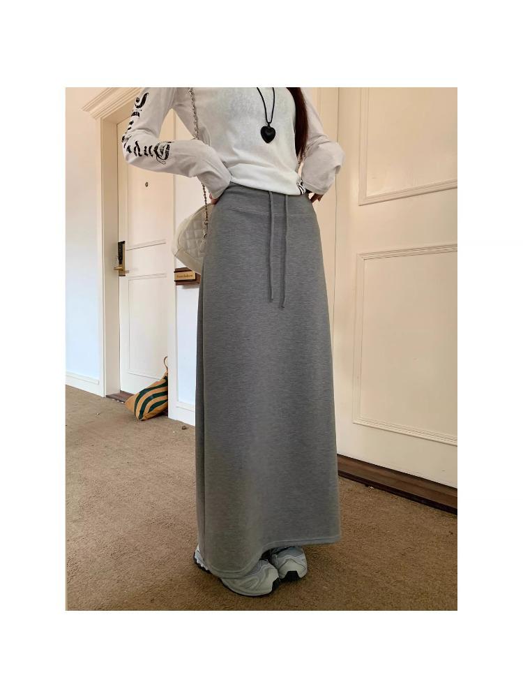 Retro Grauer Schnür-Schlankheits-Halbrock für Damen - Elastischer Bund, Gerader Schnitt, Hüftbetontes Design, Perfekt für den frühen Herbst 2025.