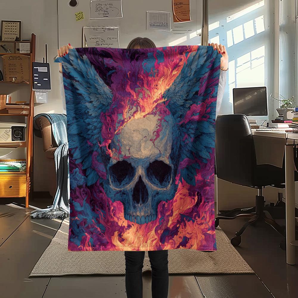 Winged Skull Print Flannel Blanket, High Quality Comfortable for All Seasons, Home Decor, Warmth and Comfort