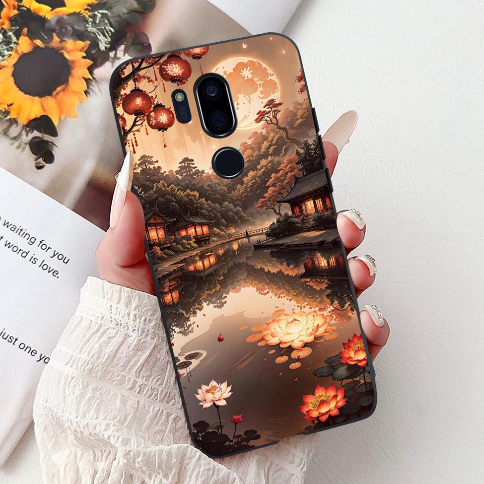 Para LG G7 ThinQ Funda Silicona Negra Gato Lindo Flores de Moda Trasera Pintada Genial Para LG G7ThinQ Funda de Teléfono LMG710EM
