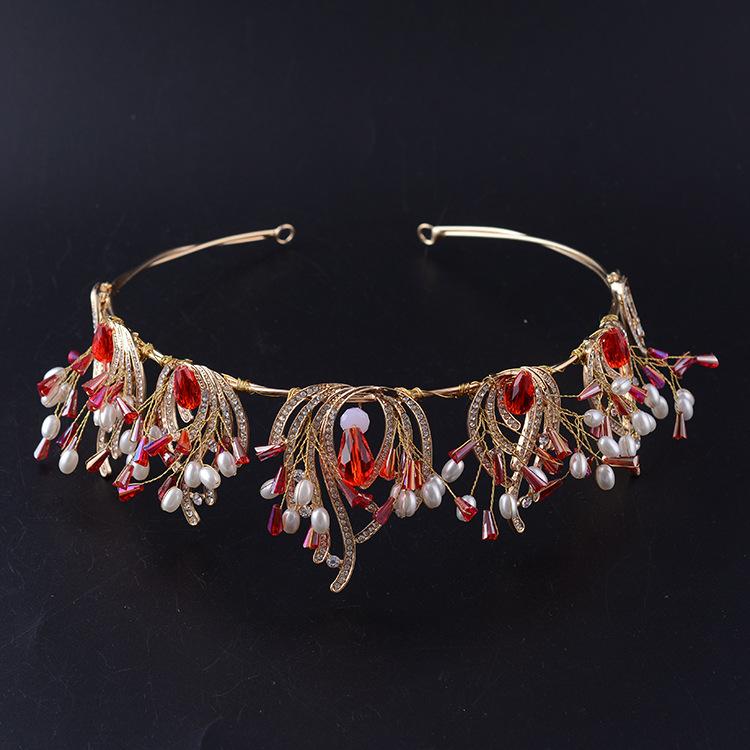 Baroque Retro Bridal Crown Tiara Gold Color Diamond Crystal Beaded Crown Wedding Dress Accessories