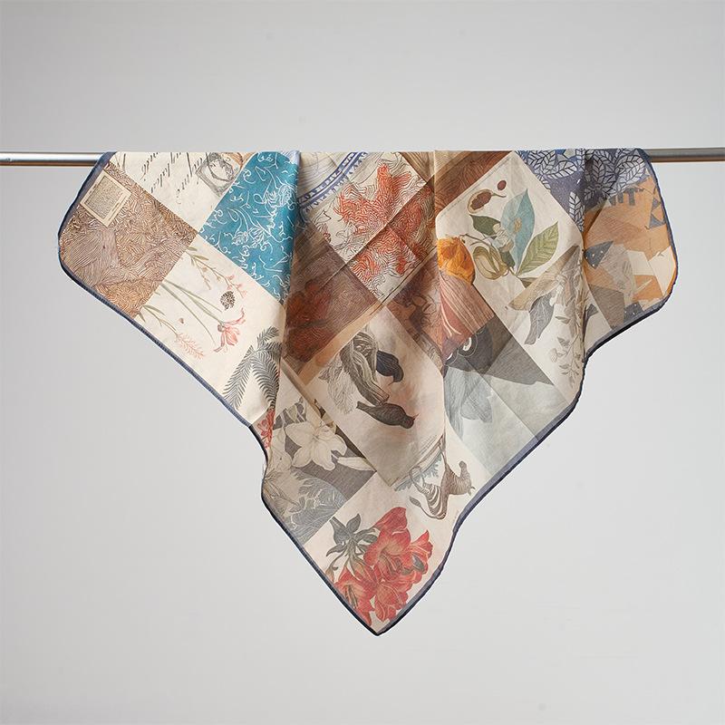 New spring and summer light and breathable 61 * 61cm square scarf versatile printed mulberry silk cotton blended women's silk scarf
