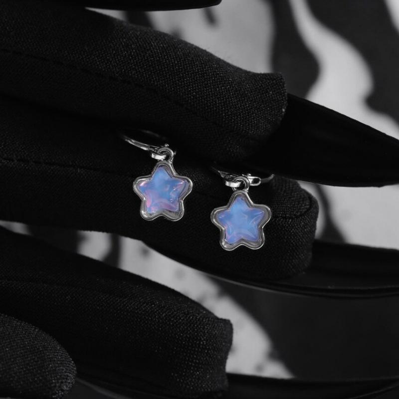Silver Star-shaped Luminous Moonstone Earrings with Five-pointed Star Design