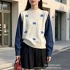 Fake Two-piece Knitted Sweater Women's Autumn New Contrasting Color Jacquard Denim Splicing Sleeves Loose and Thin Age-reducing Versatile Top