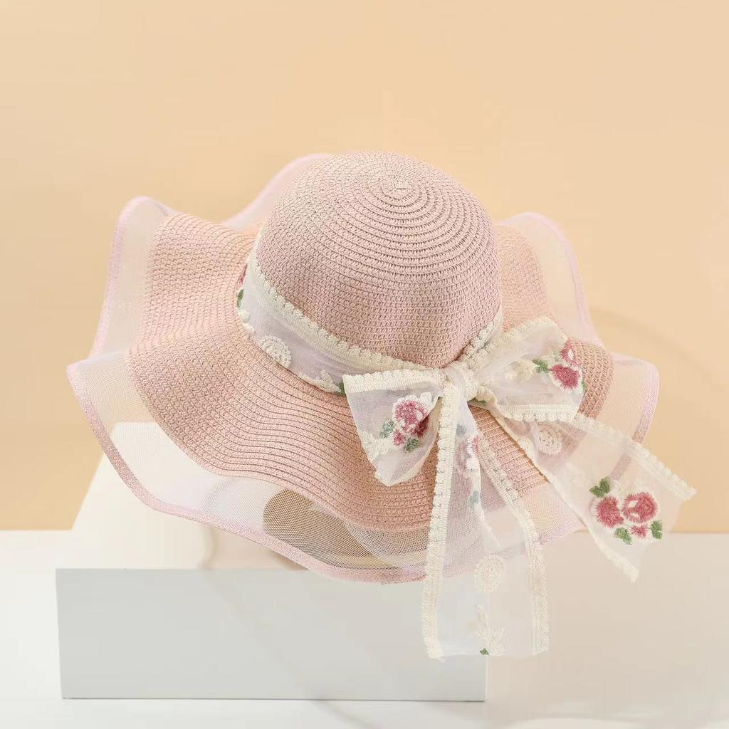 Feifei Women's Lace Sun Hat Large Brim Straw Beach UV Protection Floral Sash Summer Anti-Uv Cap Natural Straw Material