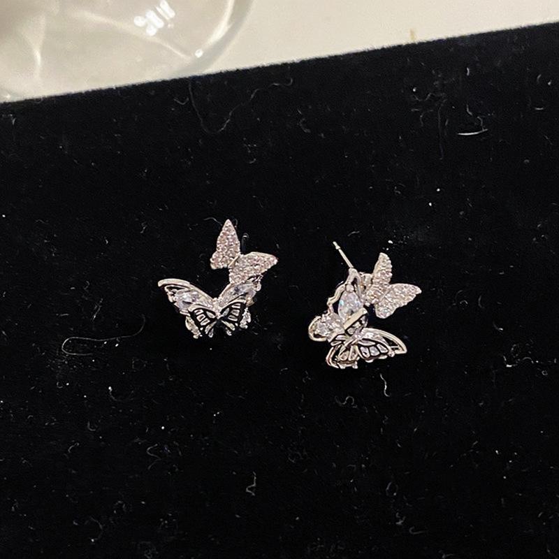 French Style Silver Needle Butterfly Zirconia Stud Earrings - Trendy High-End Fashion Jewelry