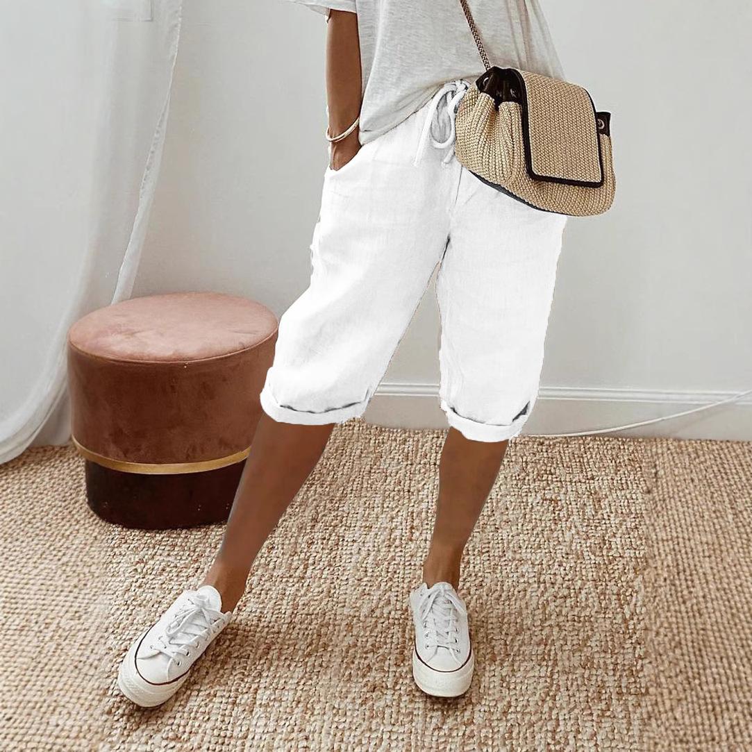 Women s cotton and linen pockets elastic casual pants women s pants five-point pants S белый