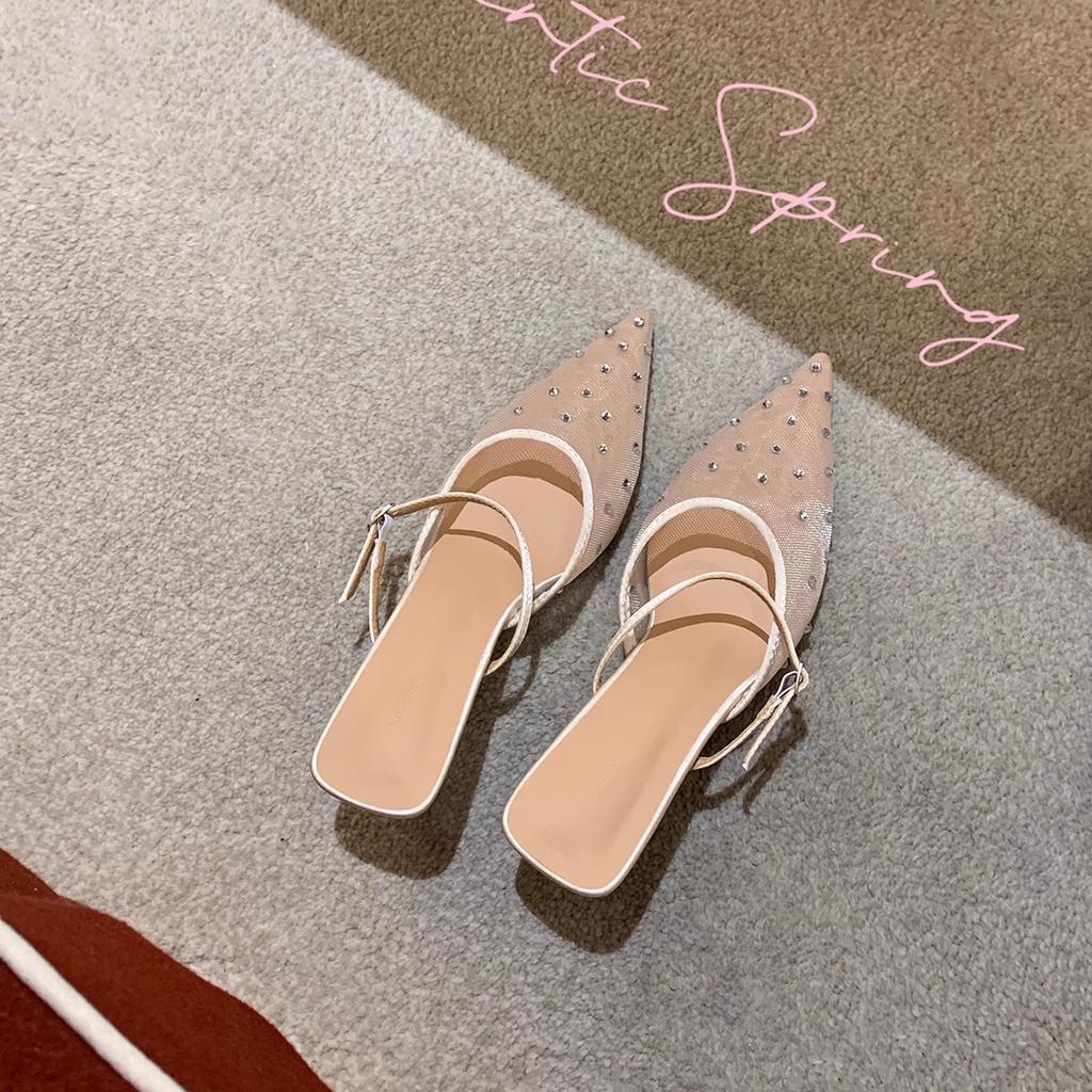 Sheepskin version~ versatile hot diamond temperament small pointed mesh yarn breathable 6cm thin heel empty sandals women