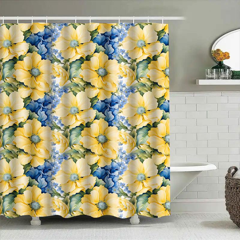 Floral Pattern Shower Curtain Bright Blue Yellow Floral Print for Bathroom Decor Machine Washable Water Repellent Fabric