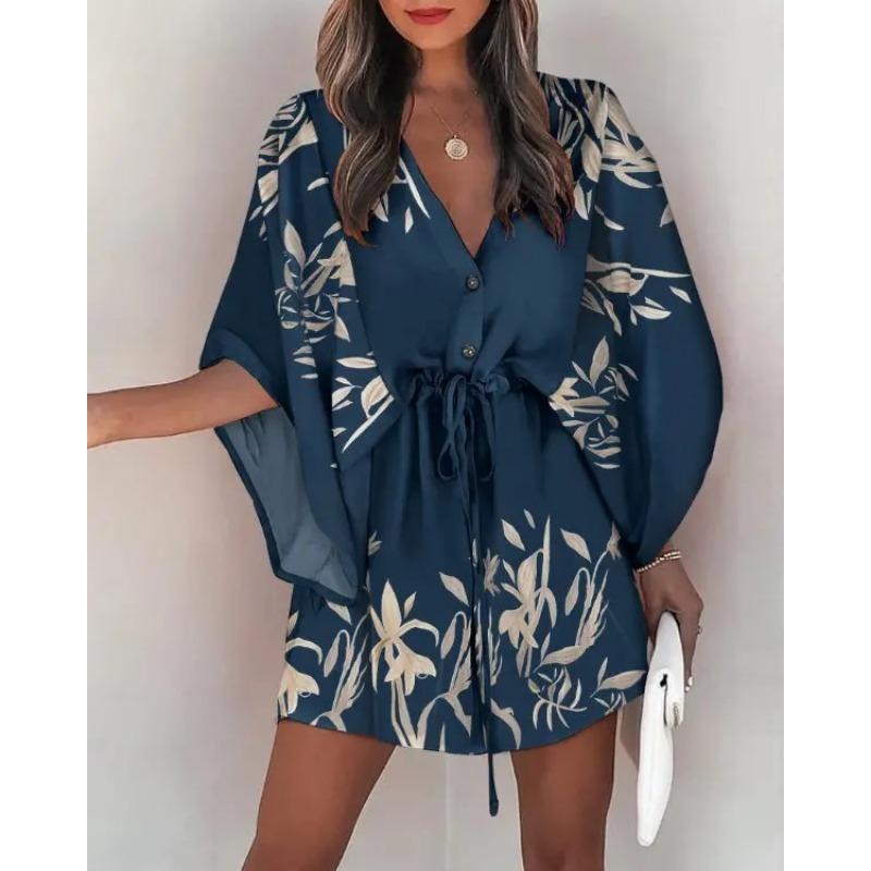 YYFS Women's Fashion Summer Spring Flower Pattern Print Short Sleeve V-Neck High Waist Casual Dresses