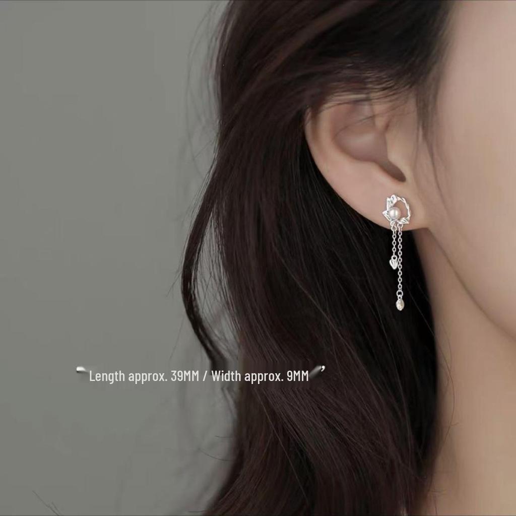 2024 New Luxury Pearl Needle Tassel Stud Earrings for Women, 925 Silver Vine Design