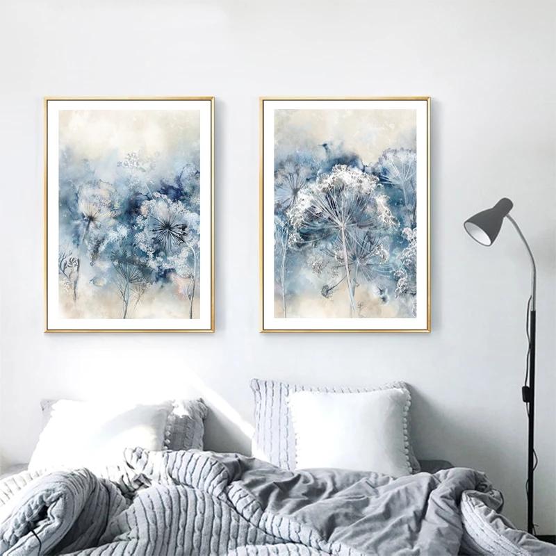Fiori blu Su tela Dipinti interni Moderni Estetici nordici Wall Art Poster Immagini Decorazione del soggiorno