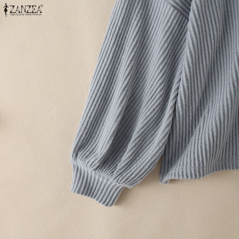 ZANZEA Autumn Women Bows Splice Crew Neck Long Sleeve Ribbed Texture Loose Blouse