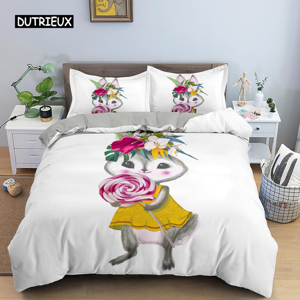 Cartoon Rabbit Bunny Bedding Set for Kids Girl Women Polyester Duvet Cover Quilt Cover with Pillowcase Polyester Comforter Cover