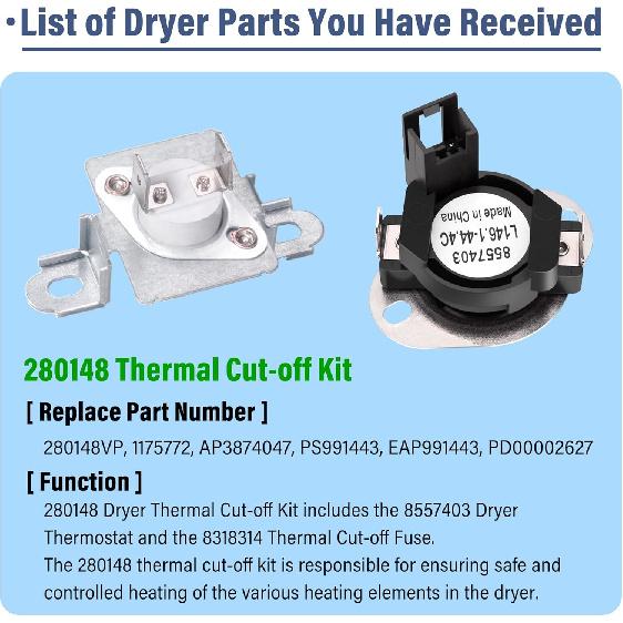 280148 Thermal Cut-off Kit 3392519 Thermal Fuse 8577274 Thermistor Dryer replacement Kit Fit For whirl-pool Dryers WED7300XW0, WED7400XW0,